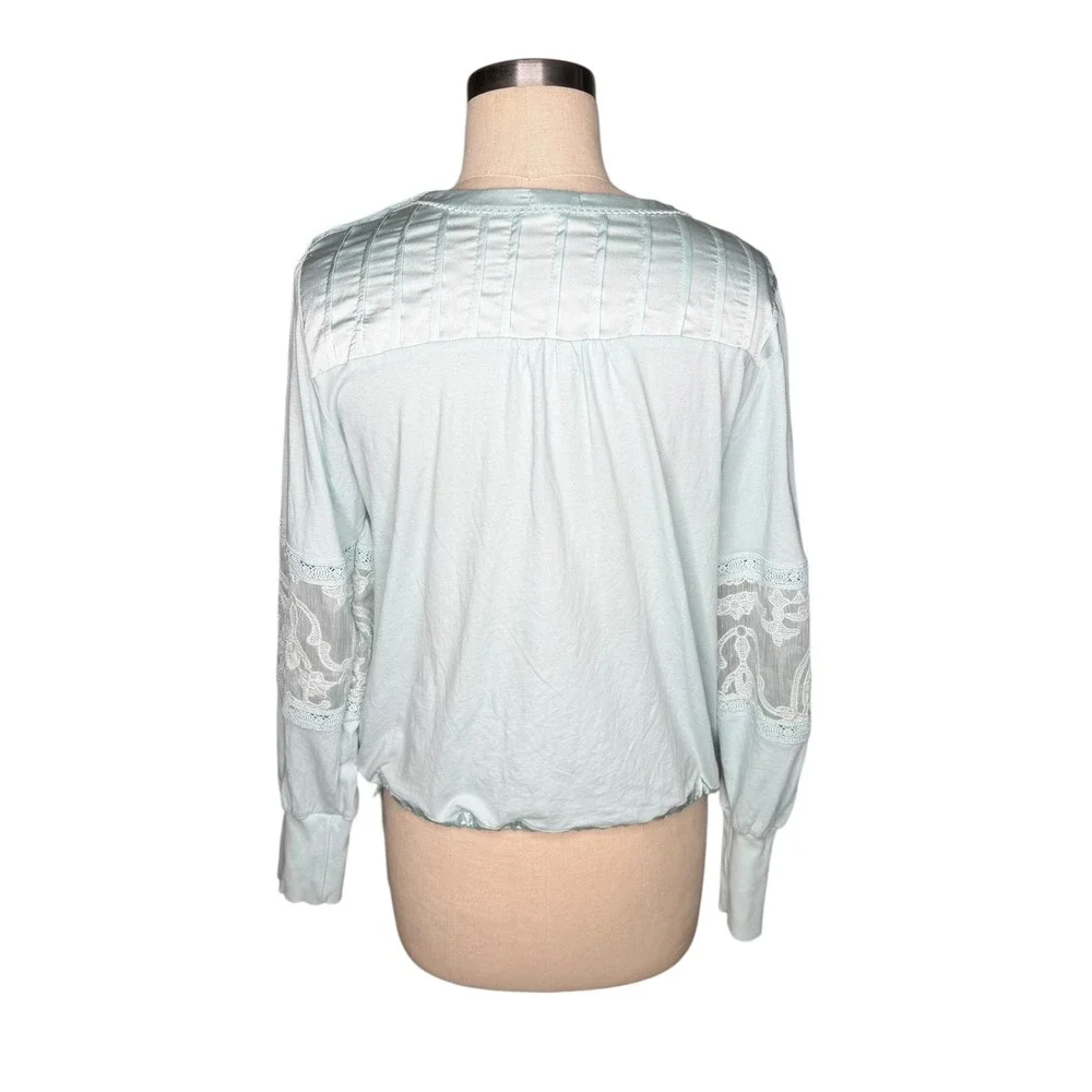 TINY Anthropologie Light Blue Satin Lace Long Sleeve Blouse Women's Size Large - Picture 3 of 5